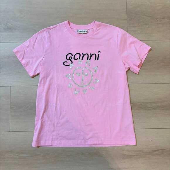 Ganni Cotton Jersey Graphic Logo T-shirt in Lilac Sachet - Picture 2 of 3